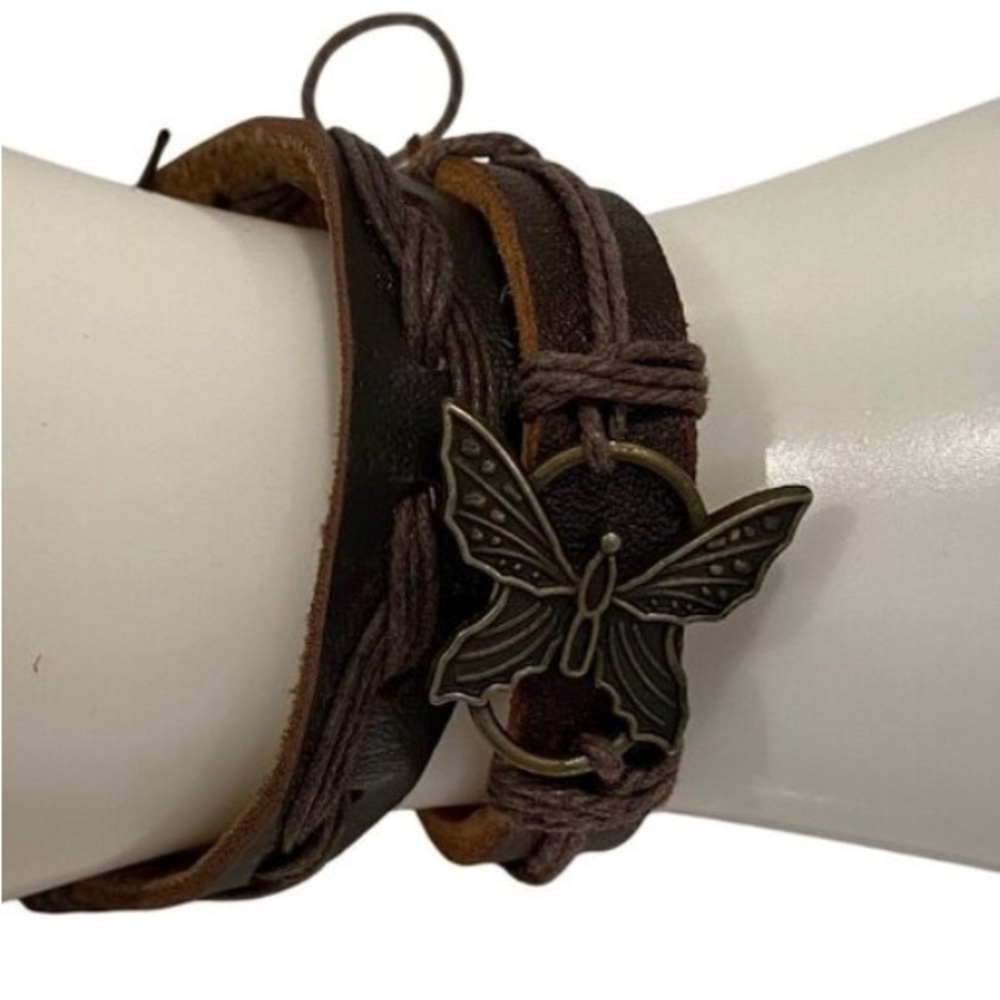 Boho Leather & Cord Butterfly Charm 2 set Bracelets genuine leather brown nature